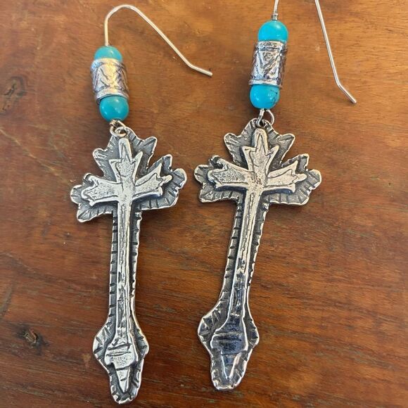 Cross Navajo Earrings vintage Sterling Silver with Kingman Turquoise 925… - Picture 1 of 10